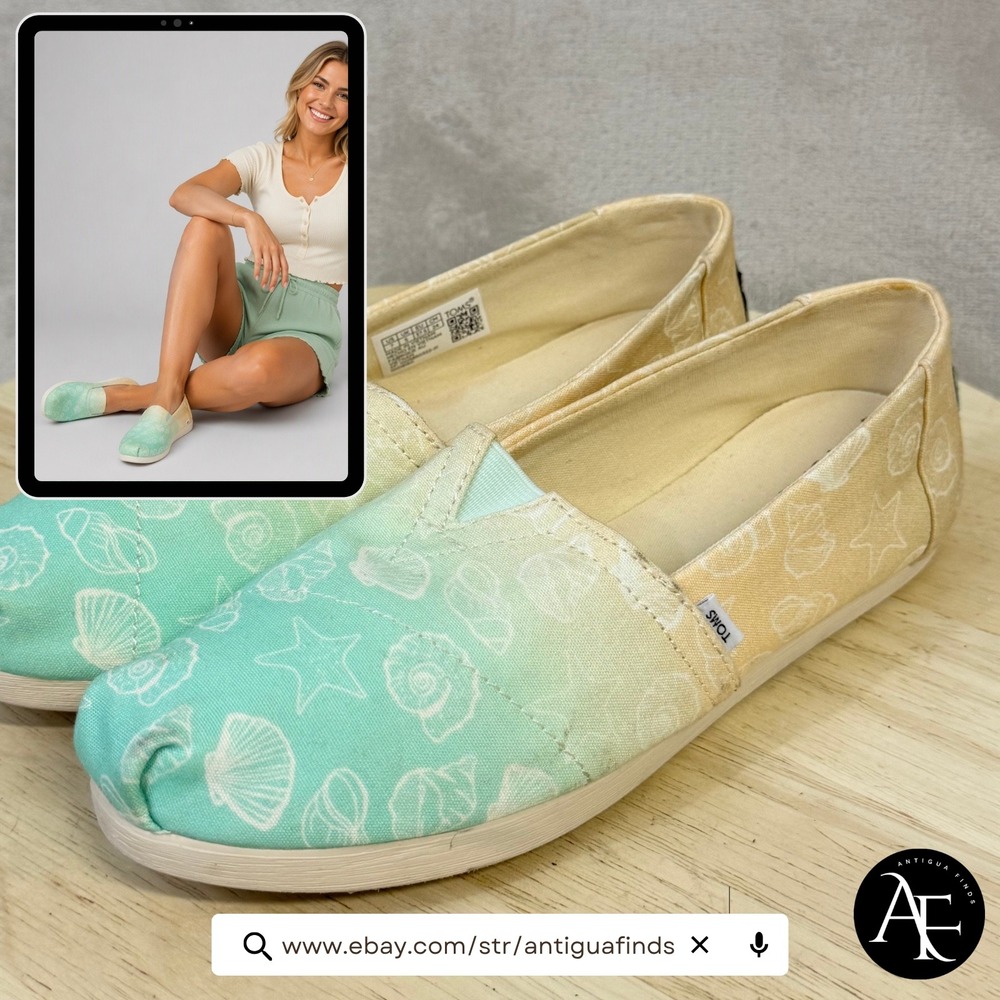 TOMS Alpargata Teal Peach Ombre Seashell Print Slip On Shoes Womens 7 10018160